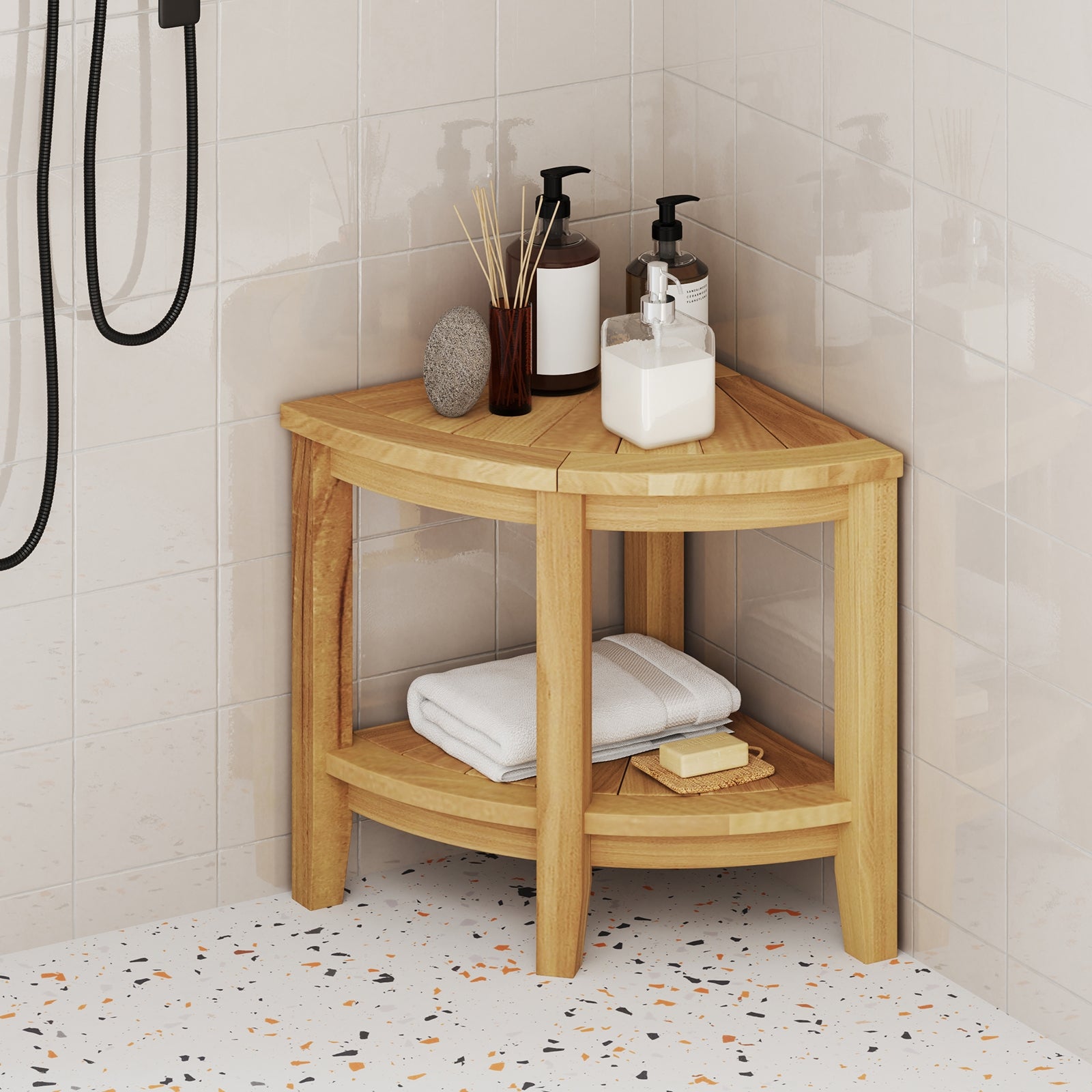 Teak Wood Shower Bench With Storage Shelf, Natural Bath Safety at Gallery Canada