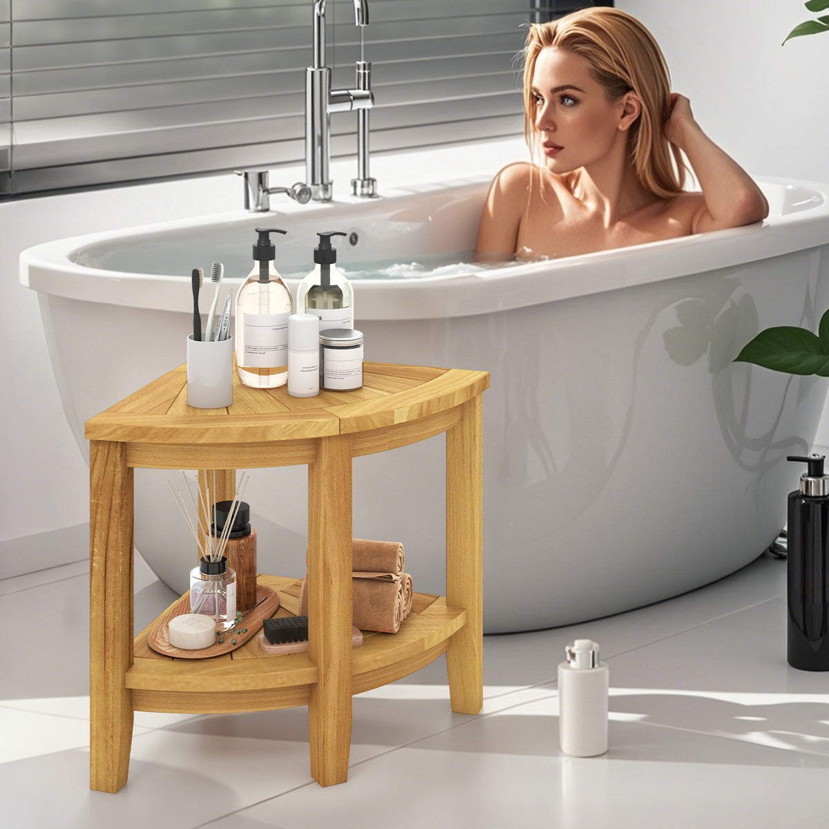 Teak Wood Shower Bench With Storage Shelf, Natural Bath Safety at Gallery Canada