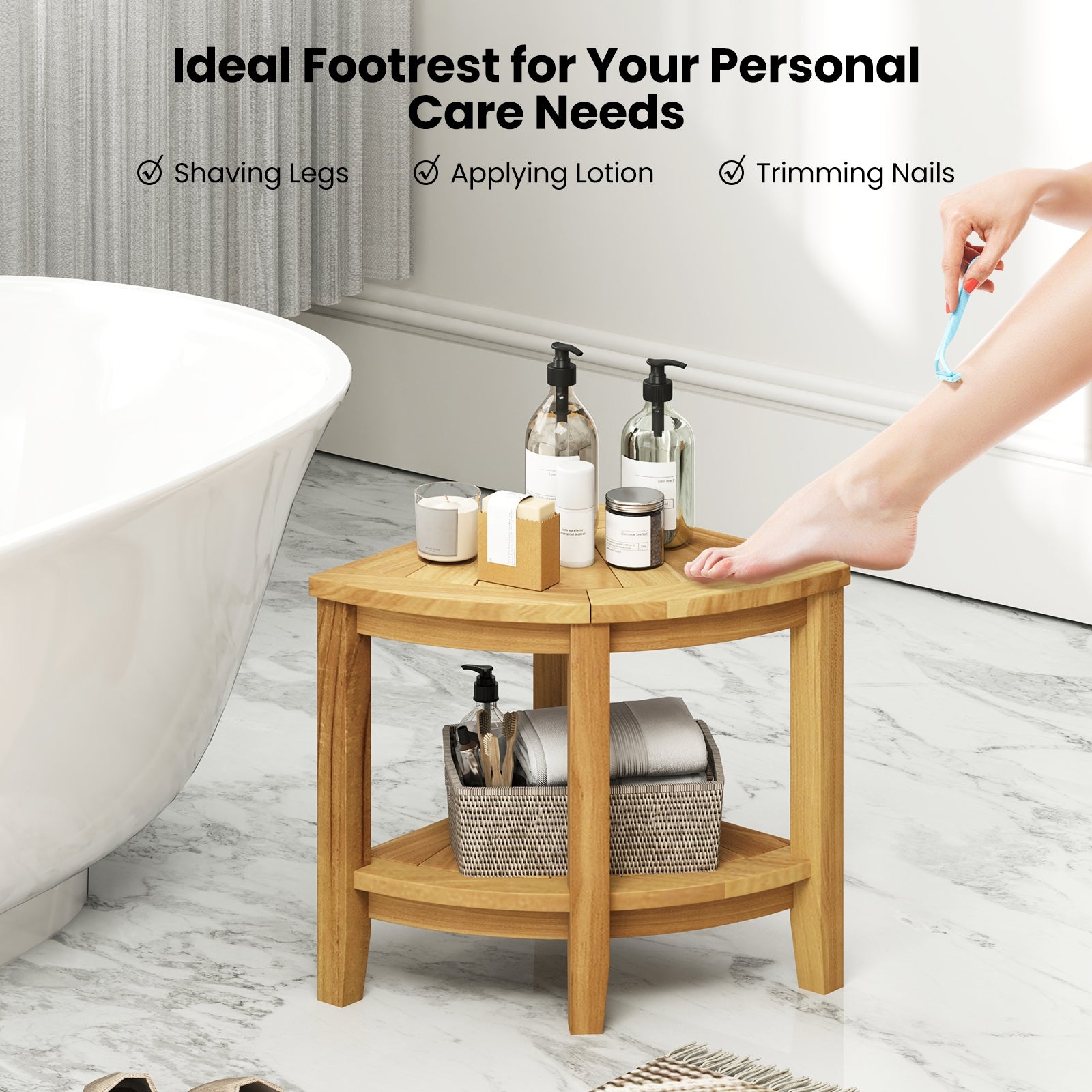 Teak Wood Shower Bench With Storage Shelf, Natural Bath Safety at Gallery Canada