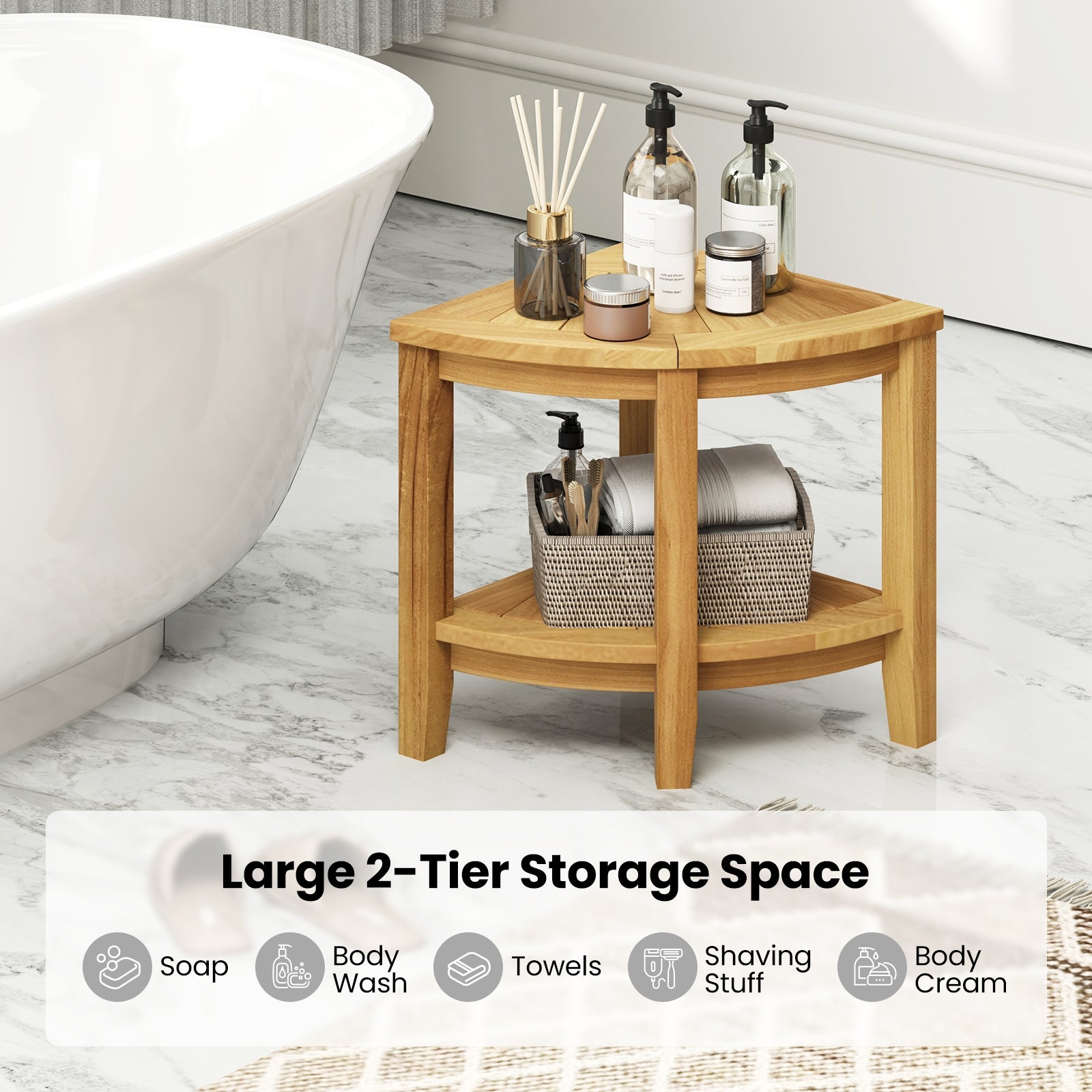 Teak Wood Shower Bench With Storage Shelf, Natural Bath Safety at Gallery Canada