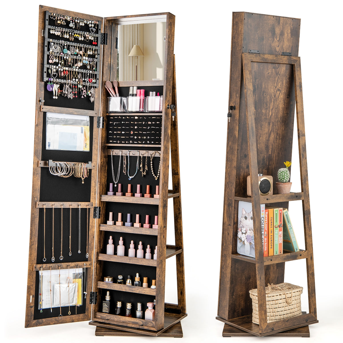 360° Swivel Jewelry Armoire, Full Length Mirror, Rustic Brown Jewelry Armoires at Gallery Canada