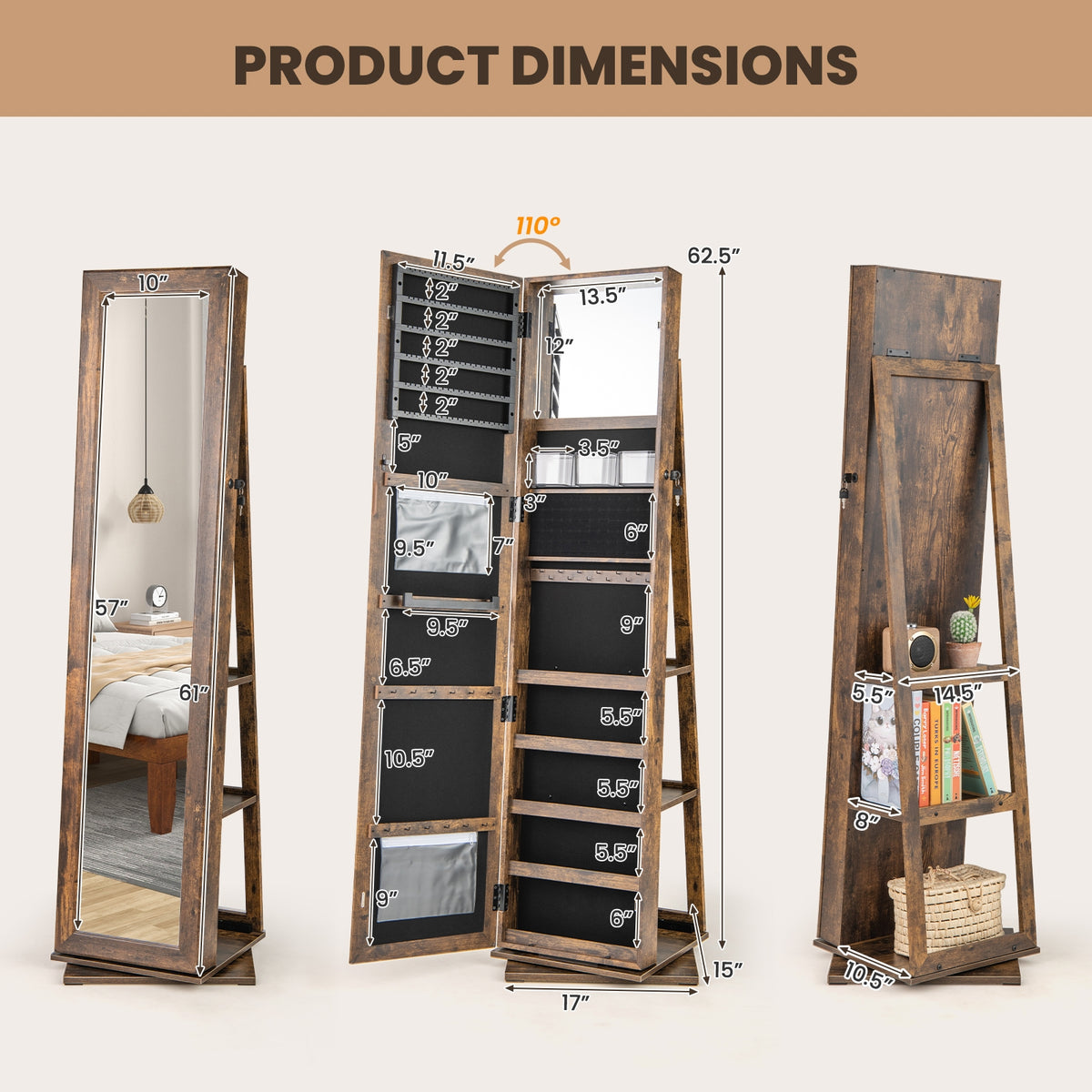 360° Swivel Jewelry Armoire, Full Length Mirror, Rustic Brown Jewelry Armoires at Gallery Canada