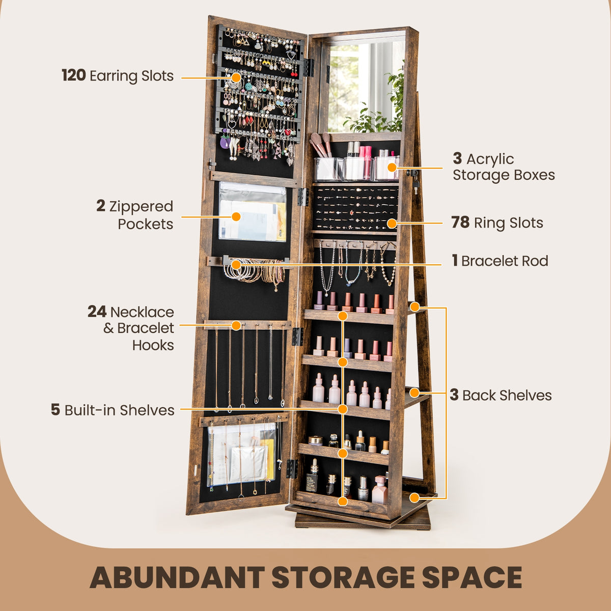 360° Swivel Jewelry Armoire, Full Length Mirror, Rustic Brown Jewelry Armoires at Gallery Canada