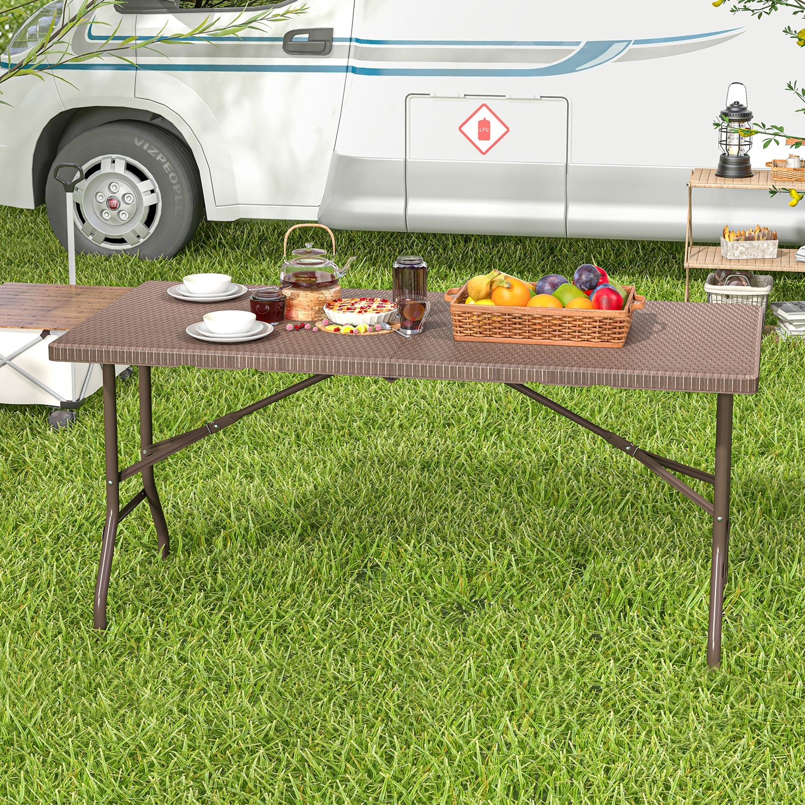 5FT Folding Picnic Table, Rattan Grain HDPE Tabletop, Sturdy Metal Frame, Coffee Patio Dining Tables at Gallery Canada