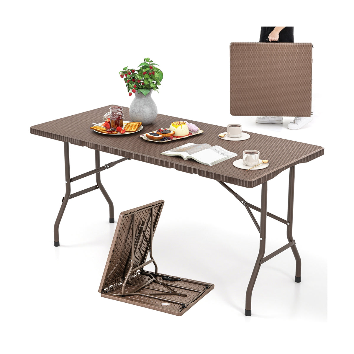 5FT Folding Picnic Table, Rattan Grain HDPE Tabletop, Sturdy Metal Frame, Coffee Patio Dining Tables at Gallery Canada