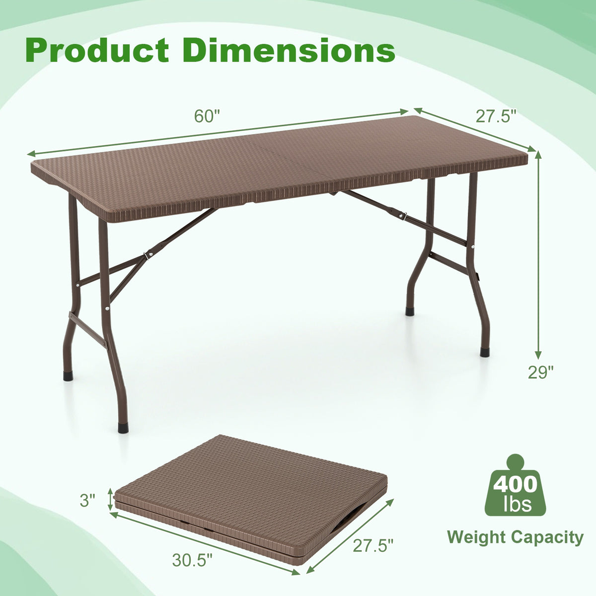 5FT Folding Picnic Table, Rattan Grain HDPE Tabletop, Sturdy Metal Frame, Coffee Patio Dining Tables at Gallery Canada