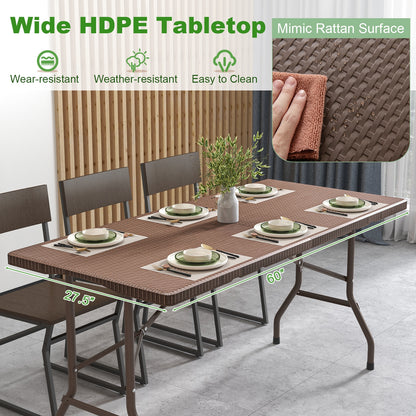 5FT Folding Picnic Table, Rattan Grain HDPE Tabletop, Sturdy Metal Frame, Coffee Patio Dining Tables at Gallery Canada