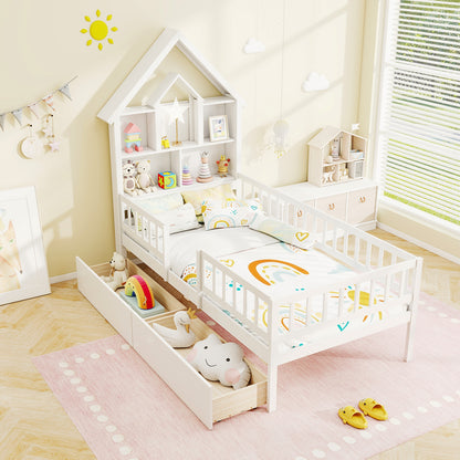 Twin Size House Bed, Montessori Kids Bed With Storage Headboard, White Trundle Bed Frame at Gallery Canada
