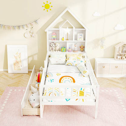 Twin Size House Bed, Montessori Kids Bed With Storage Headboard, White Trundle Bed Frame at Gallery Canada