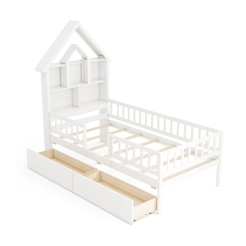 Twin Size House Bed, Montessori Kids Bed With Storage Headboard, White