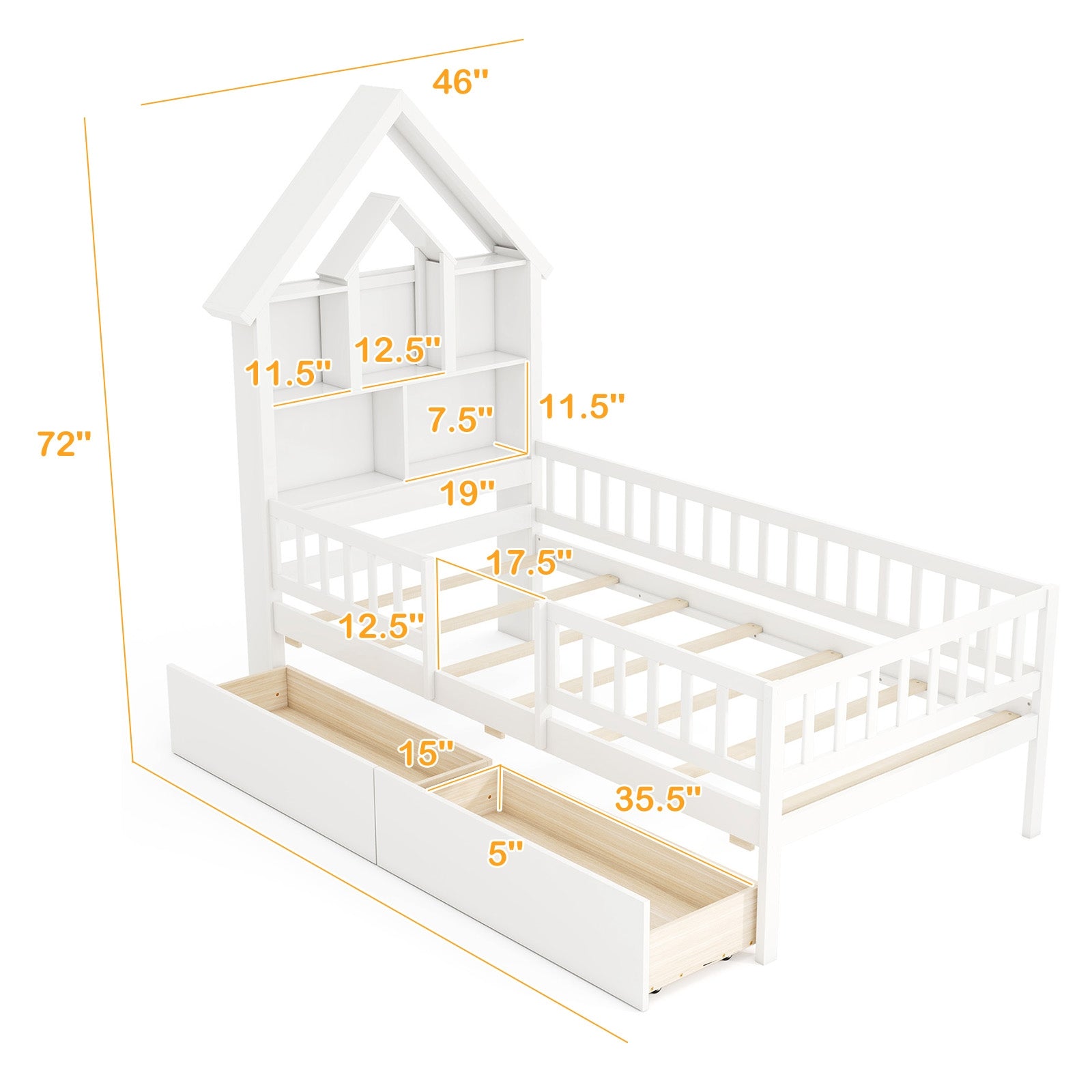 Twin Size House Bed, Montessori Kids Bed With Storage Headboard, White Trundle Bed Frame at Gallery Canada