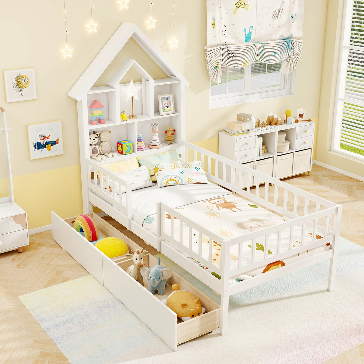 Twin Size House Bed, Montessori Kids Bed With Storage Headboard, White Trundle Bed Frame at Gallery Canada