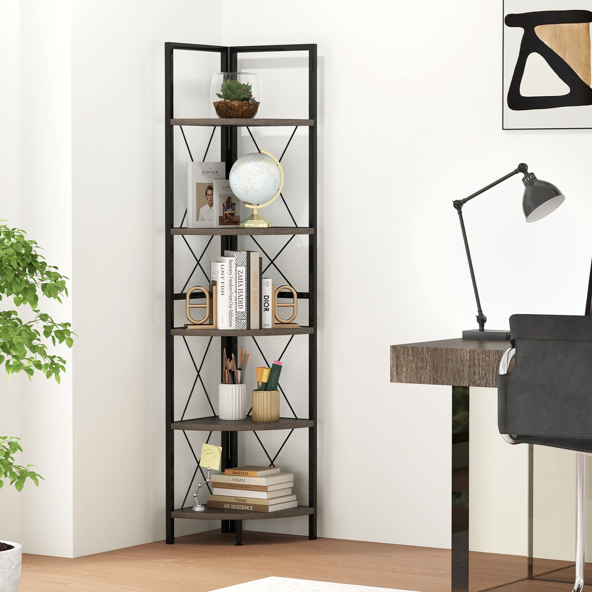 5-Tier Corner Shelf, 63 Inch Tall, Oak Storage Rack Bookcases at Gallery Canada