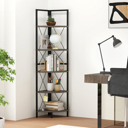5-Tier Corner Shelf, 63 Inch Tall, Oak Storage Rack Bookcases at Gallery Canada
