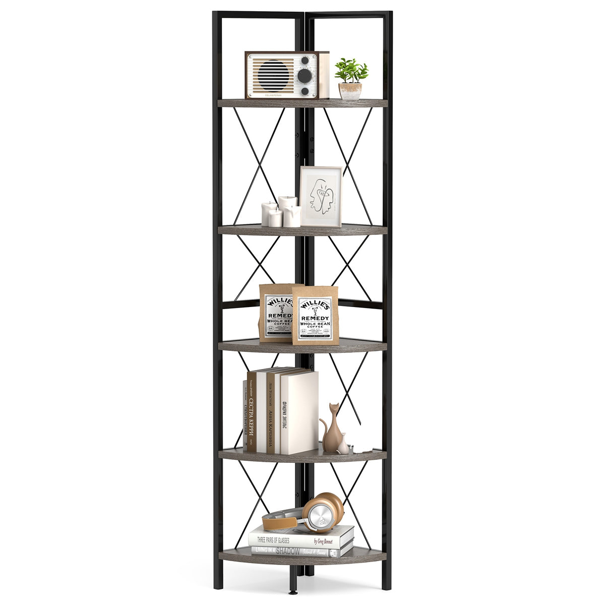 5-Tier Corner Shelf, 63 Inch Tall, Oak Storage Rack Bookcases at Gallery Canada