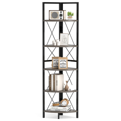 5-Tier Corner Shelf, 63 Inch Tall, Oak Storage Rack Bookcases at Gallery Canada