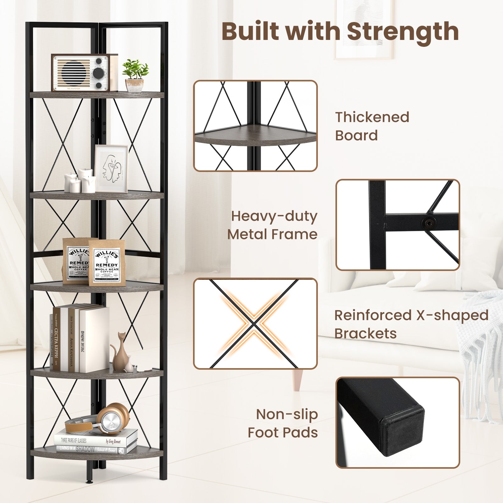 5-Tier Corner Shelf, 63 Inch Tall, Oak Storage Rack Bookcases at Gallery Canada