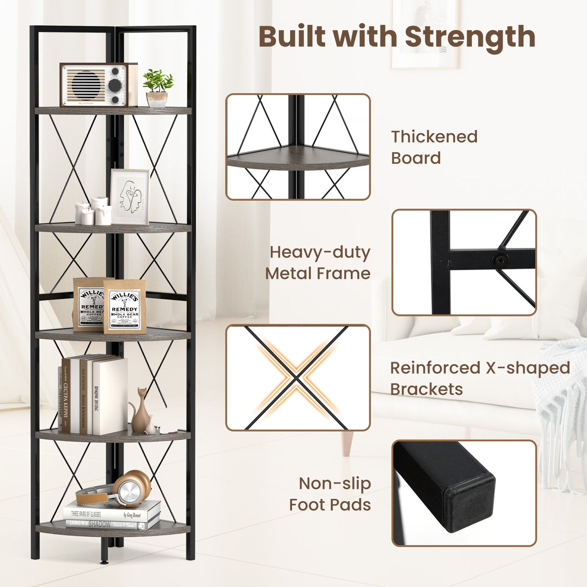 5-Tier Corner Shelf, 63 Inch Tall, Oak Storage Rack Bookcases at Gallery Canada