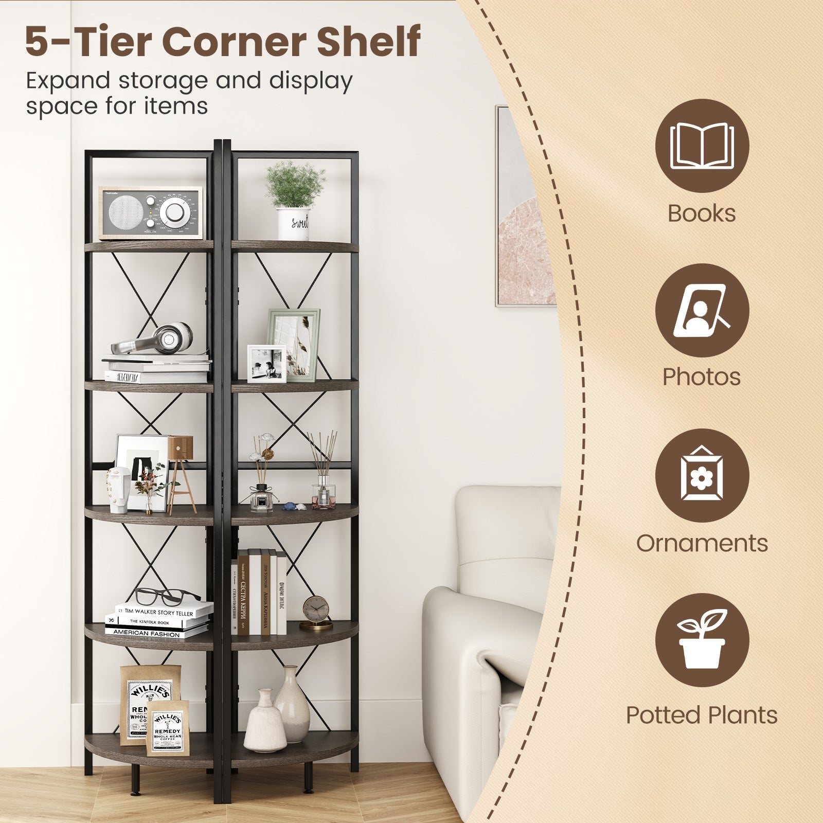 5-Tier Corner Shelf, 63 Inch Tall, Oak Storage Rack Bookcases at Gallery Canada
