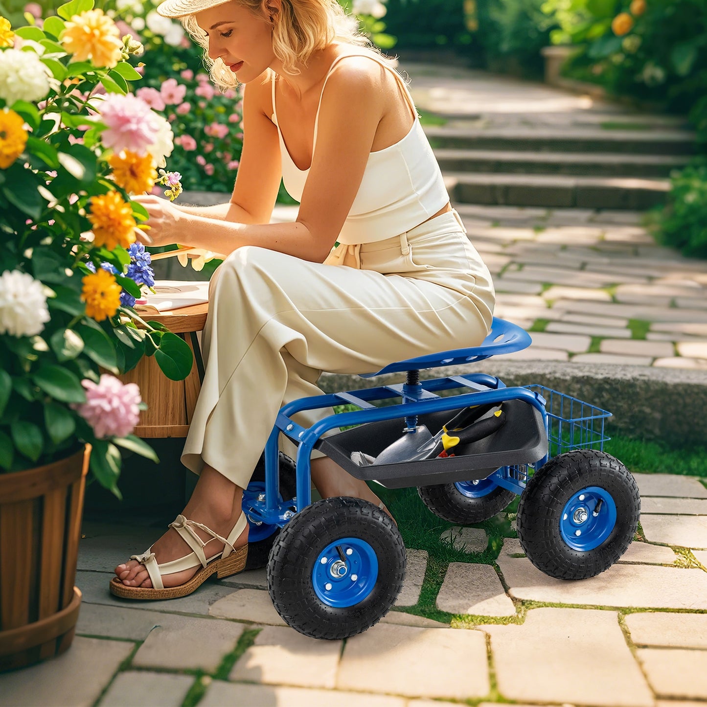 4-Wheel Rolling Garden Cart Work Seat, Blue Garden Carts at Gallery Canada