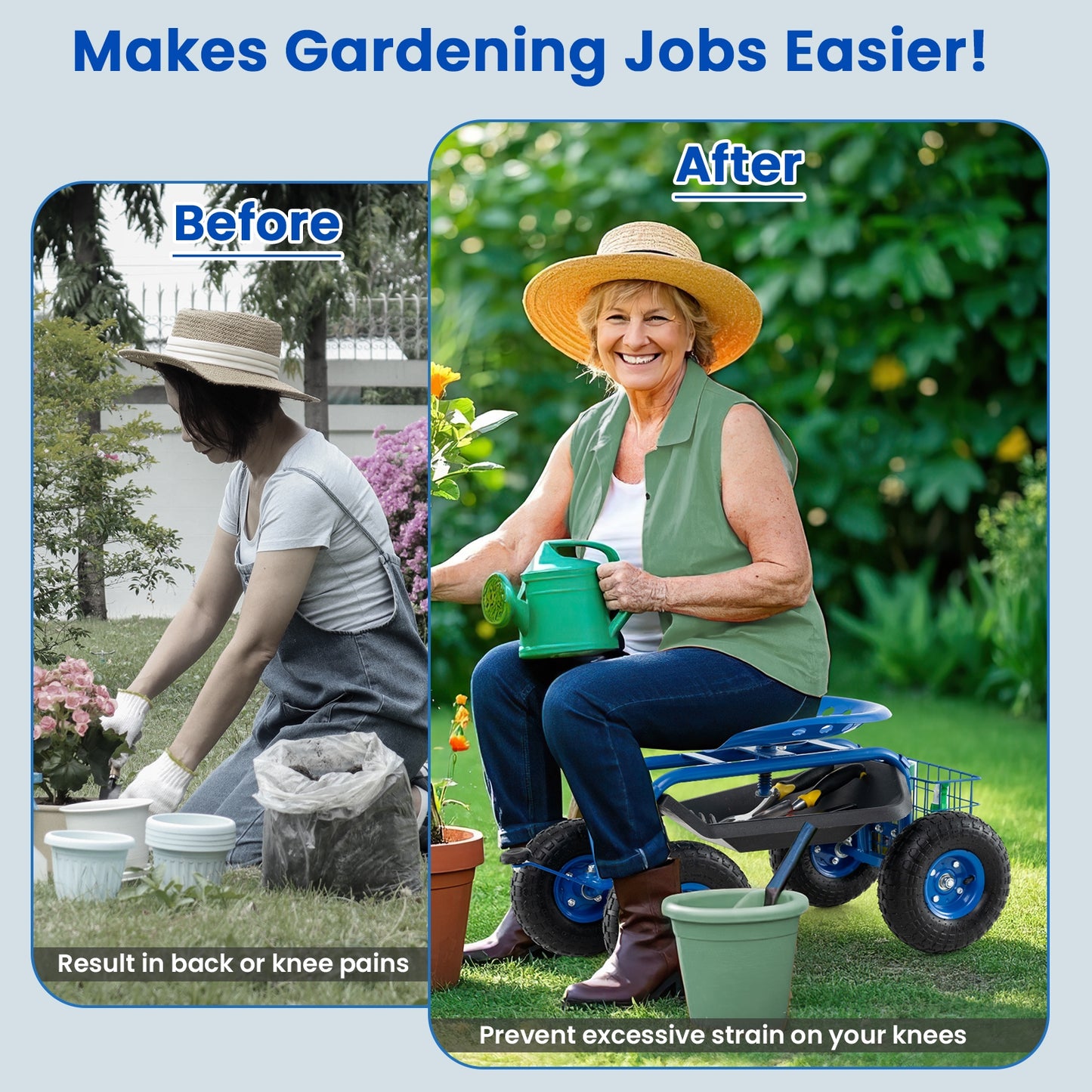 4-Wheel Rolling Garden Cart Work Seat, Blue Garden Carts at Gallery Canada