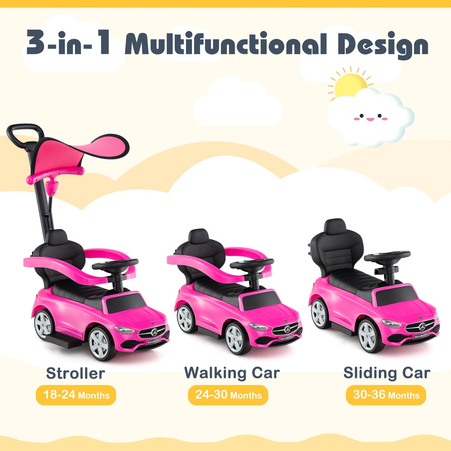 3-in-1 Ride On Push Car, Pink Push & Pedal Ride On Toys at Gallery Canada