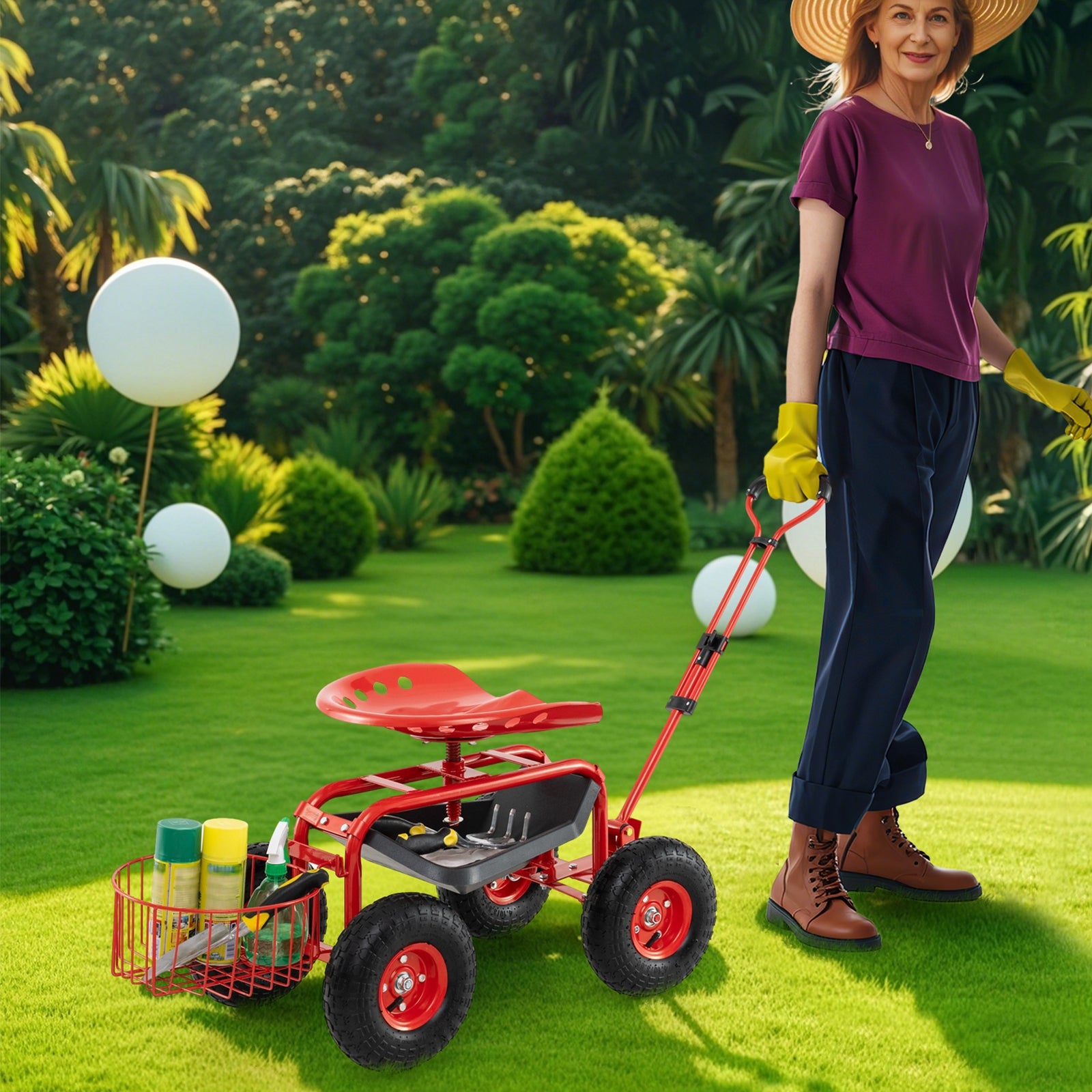 Heavy Duty Garden Cart, Tool Tray, 360 Swivel Seat, Red Garden Carts at Gallery Canada