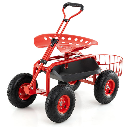 Heavy Duty Garden Cart, Tool Tray, 360 Swivel Seat, Red