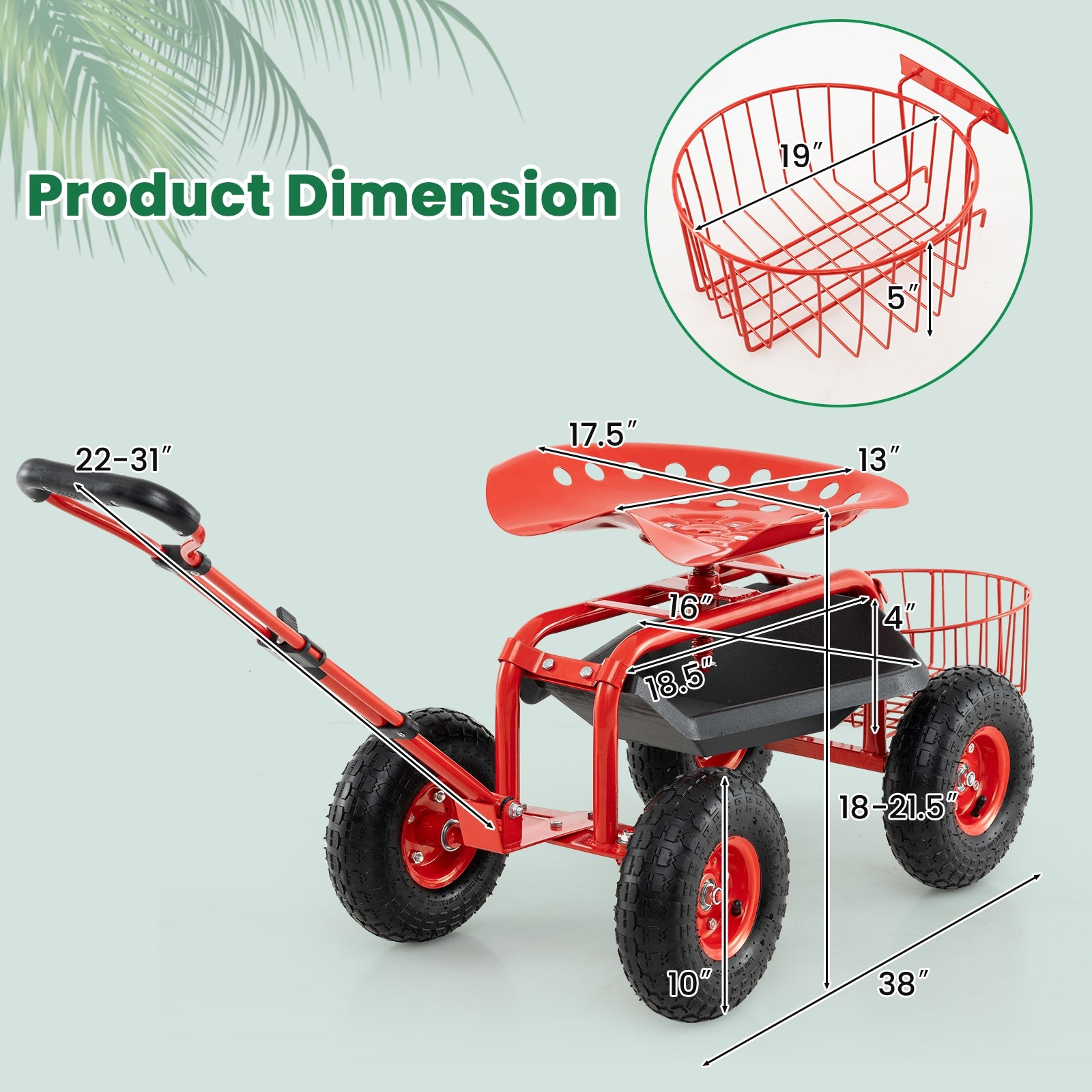 Heavy Duty Garden Cart, Tool Tray, 360 Swivel Seat, Red Garden Carts at Gallery Canada