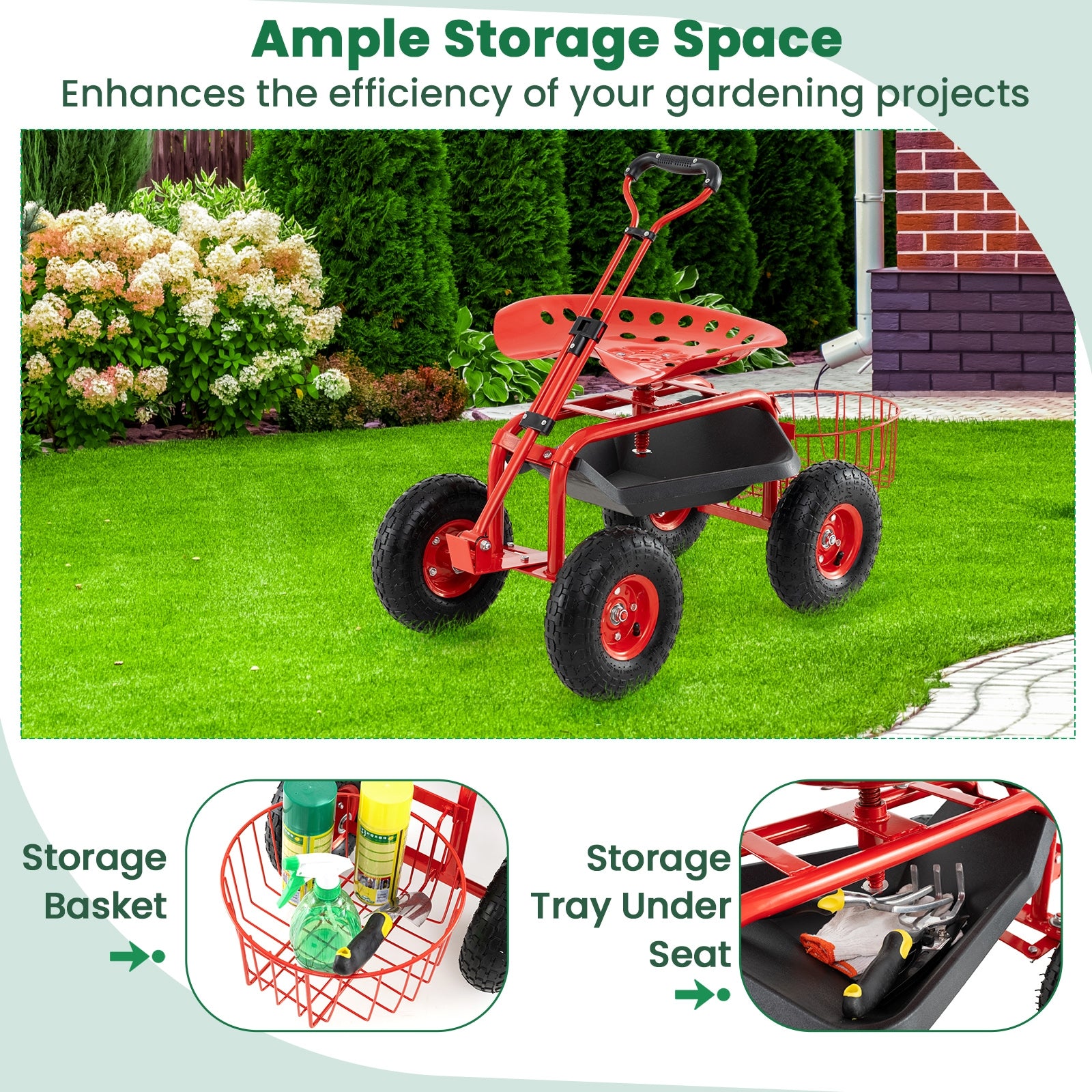 Heavy Duty Garden Cart, Tool Tray, 360 Swivel Seat, Red Garden Carts at Gallery Canada