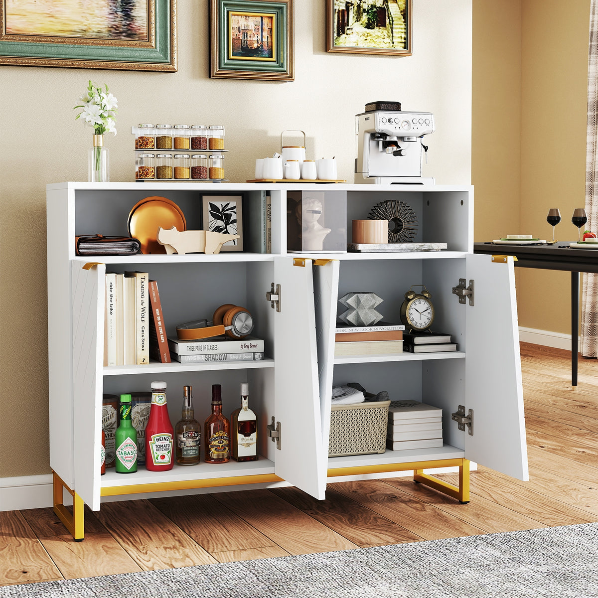 Modern Sideboard Cabinet, 4 Doors, Adjustable Shelves, White Sideboards Cabinets & Buffets at Gallery Canada