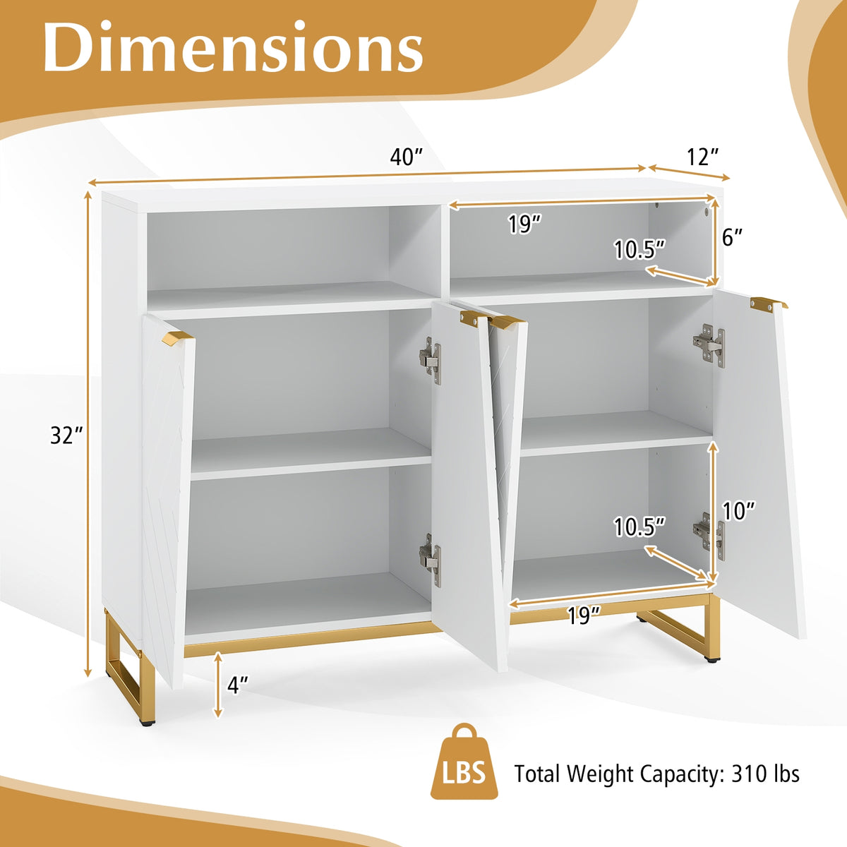 Modern Sideboard Cabinet, 4 Doors, Adjustable Shelves, White Sideboards Cabinets & Buffets at Gallery Canada