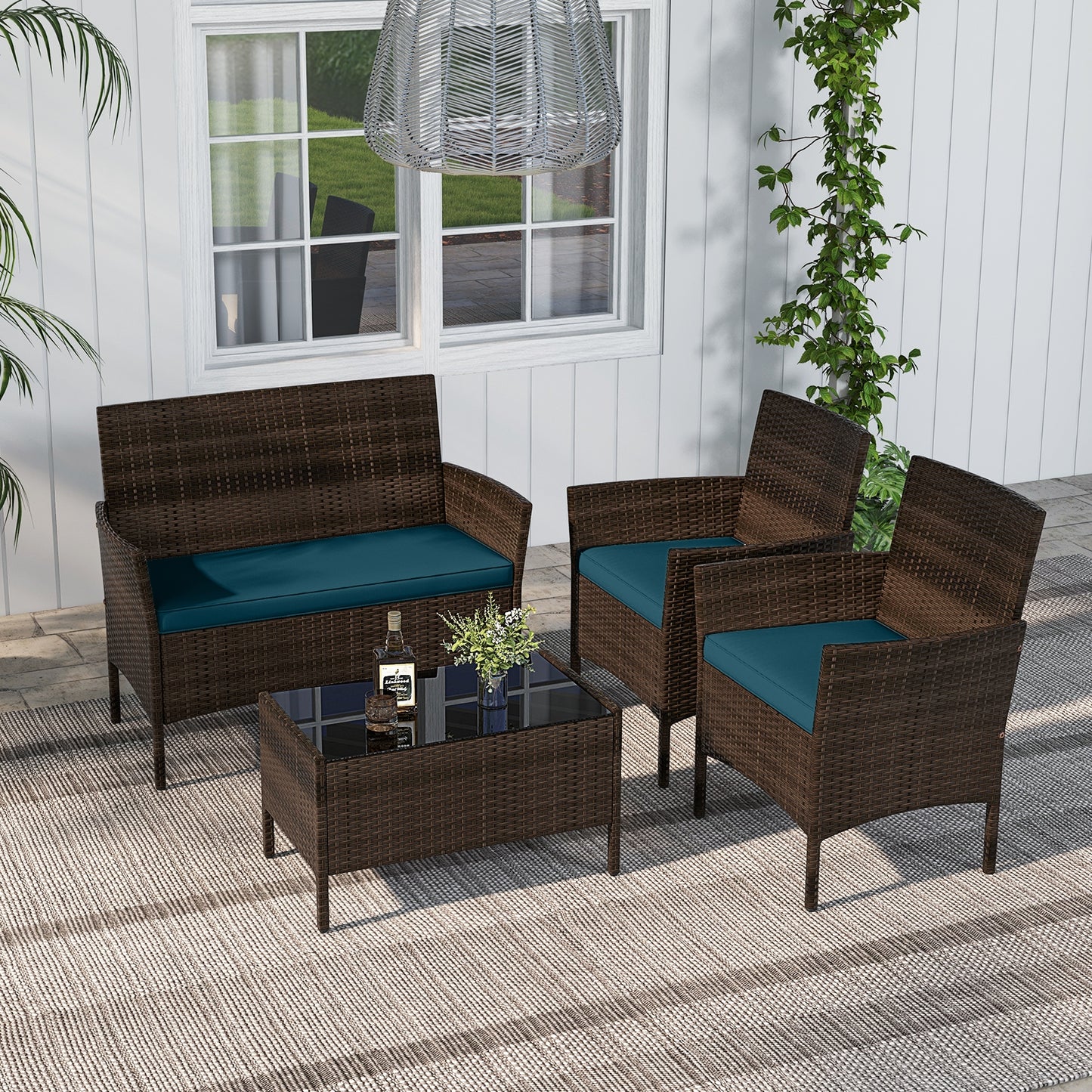 4 Piece Patio Rattan Conversation Set, Peacock Blue Patio Conversation Sets at Gallery Canada