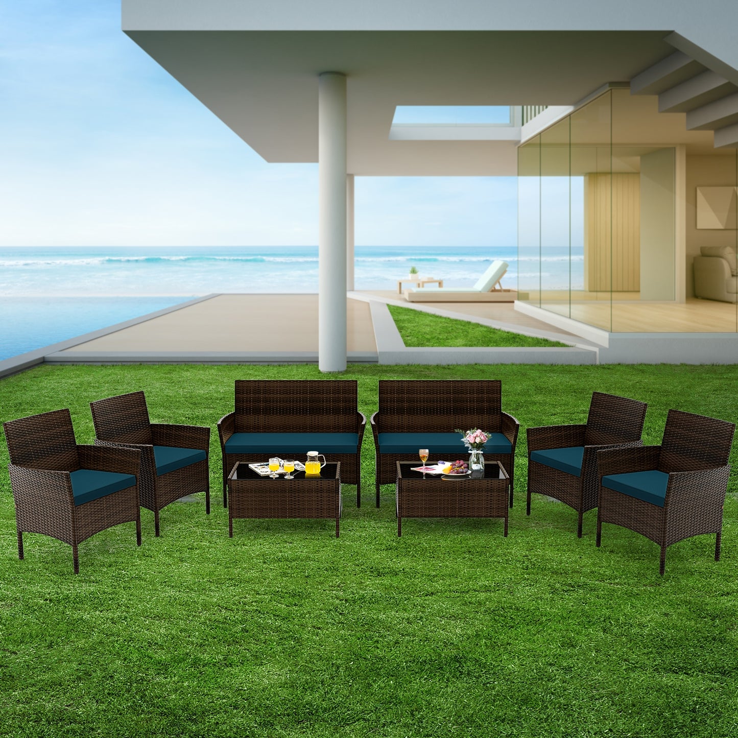 4 Piece Patio Rattan Conversation Set, Peacock Blue Patio Conversation Sets at Gallery Canada