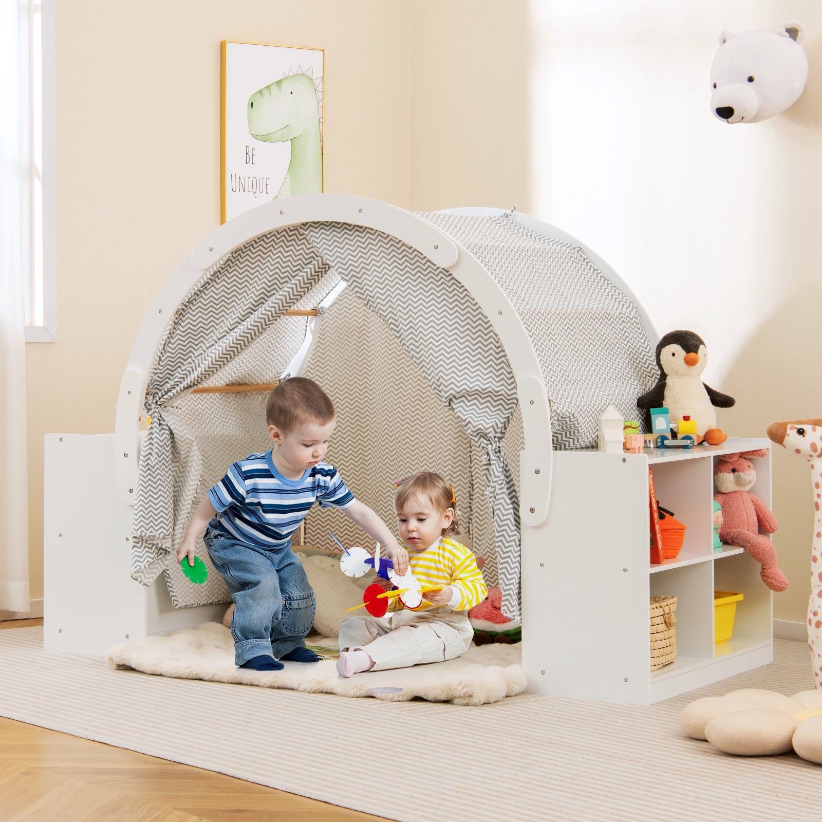 Wooden Kids Play Tent With Curtain Shades, 8 Cubbies, White Play Tents & Playhouse at Gallery Canada