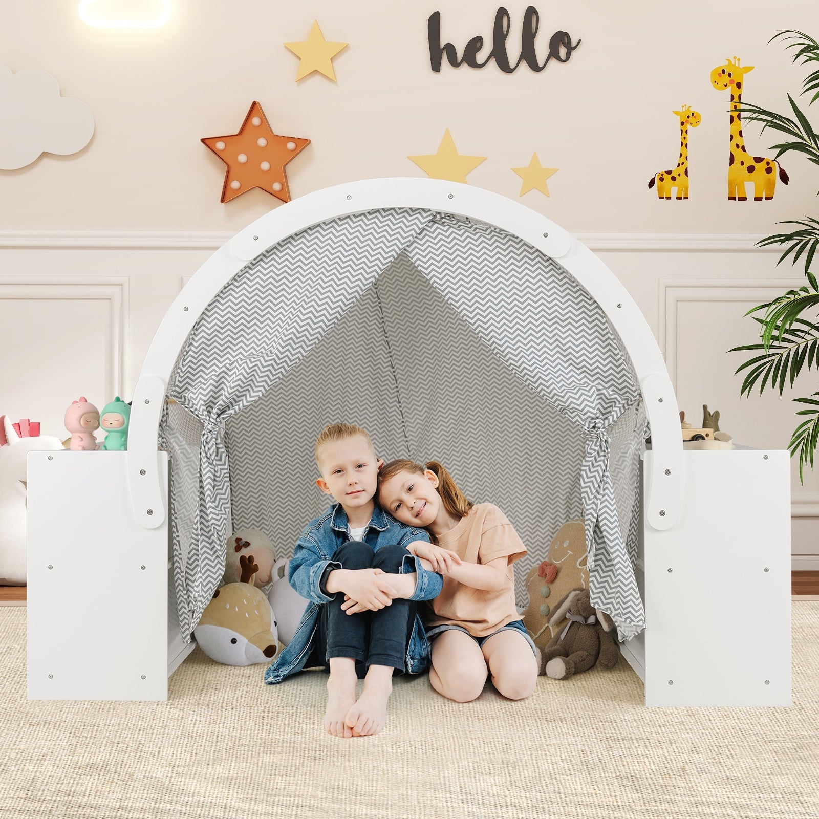 Wooden Kids Play Tent With Curtain Shades, 8 Cubbies, White Play Tents & Playhouse at Gallery Canada
