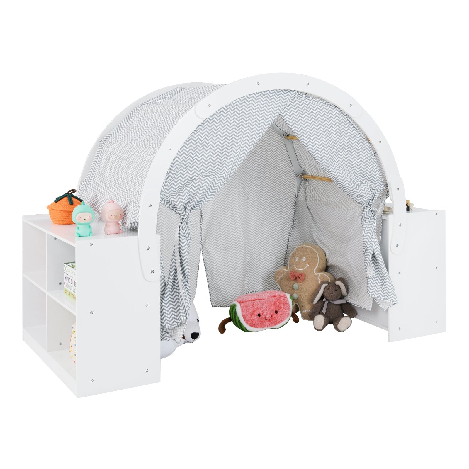 Wooden Kids Play Tent With Curtain Shades, 8 Cubbies, White Play Tents & Playhouse White at Gallery Canada