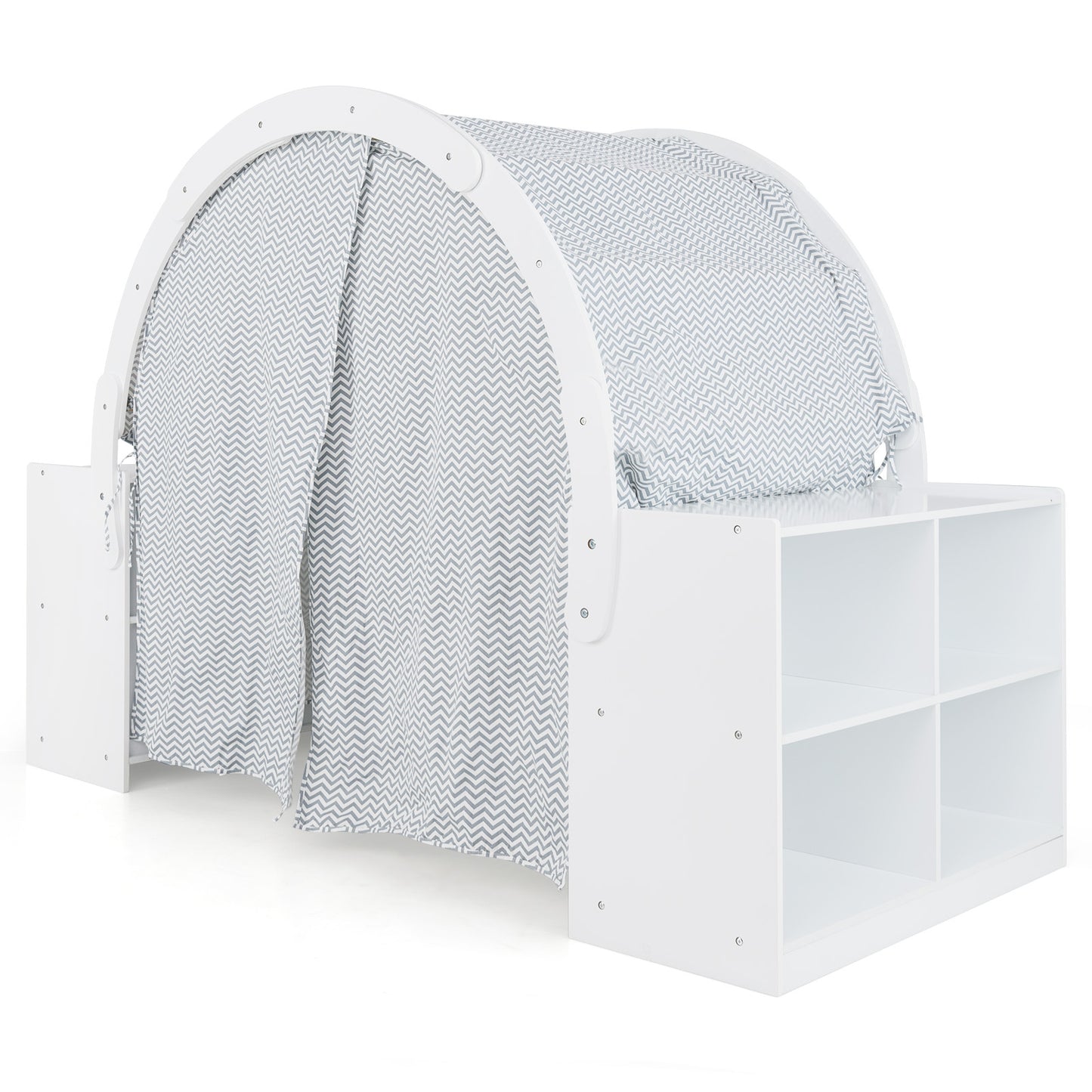 Wooden Kids Play Tent With Curtain Shades, 8 Cubbies, White Play Tents & Playhouse at Gallery Canada