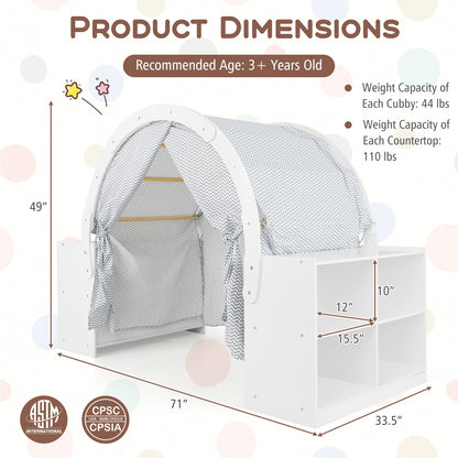 Wooden Kids Play Tent With Curtain Shades, 8 Cubbies, White Play Tents & Playhouse at Gallery Canada