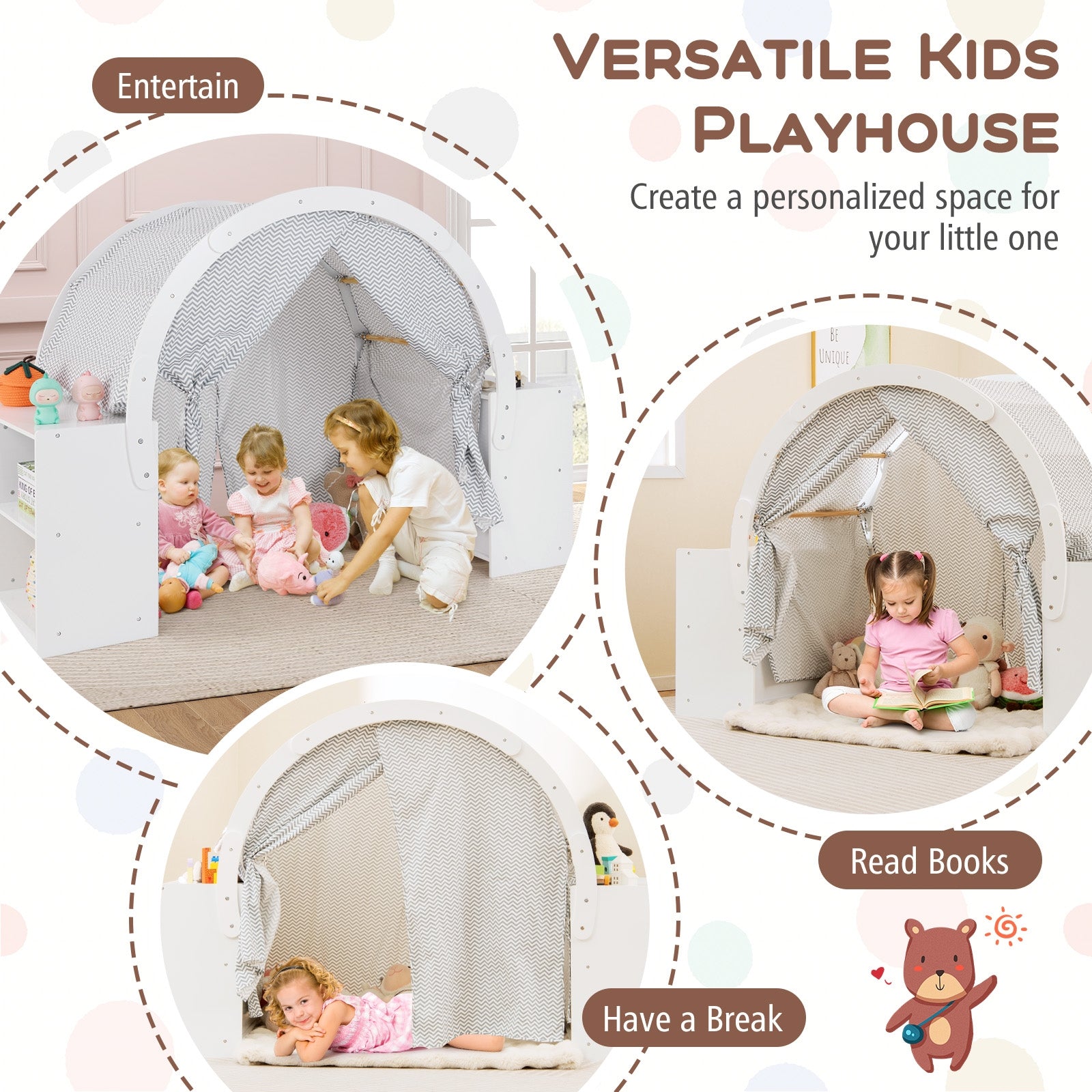 Wooden Kids Play Tent With Curtain Shades, 8 Cubbies, White Play Tents & Playhouse at Gallery Canada