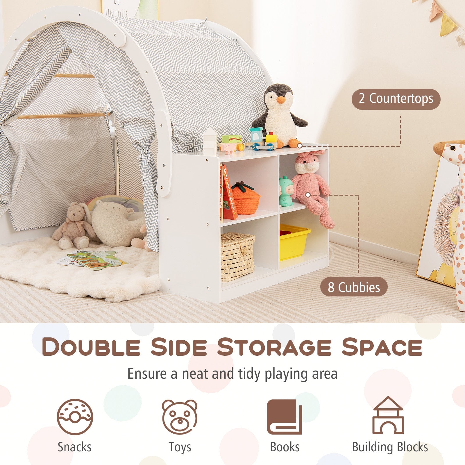 Wooden Kids Play Tent With Curtain Shades, 8 Cubbies, White Play Tents & Playhouse at Gallery Canada