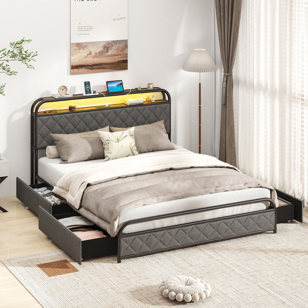 Queen Size Bed Frame With LED Lights, Charging Station, Black Trundle Bed Frame at Gallery Canada