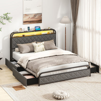 Queen Size Bed Frame With LED Lights, Charging Station, Black Trundle Bed Frame at Gallery Canada