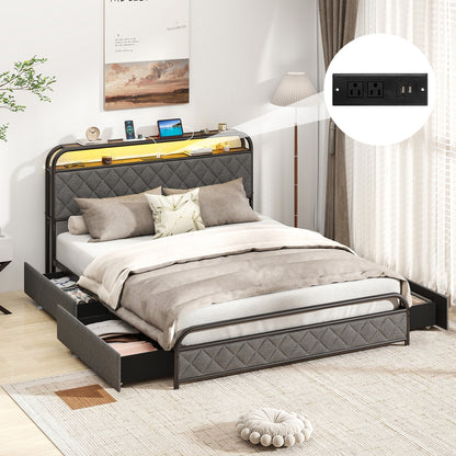 Queen Size Bed Frame With LED Lights, Charging Station, Black Trundle Bed Frame at Gallery Canada