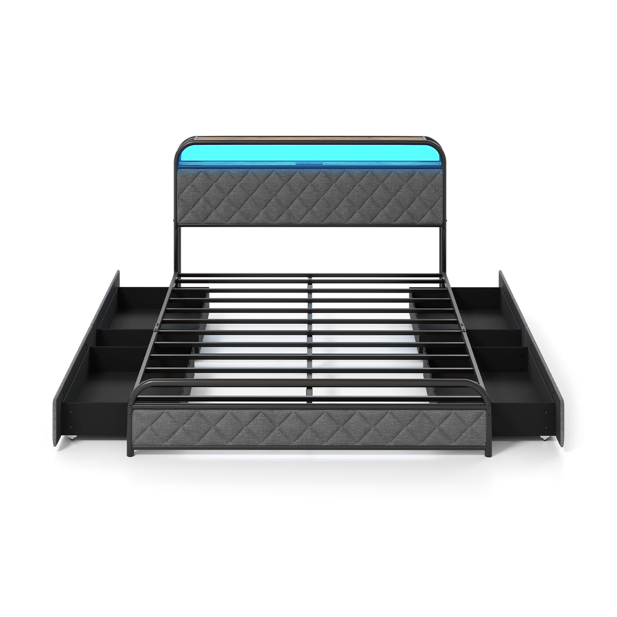 Queen Size Bed Frame With LED Lights, Charging Station, Black Trundle Bed Frame at Gallery Canada