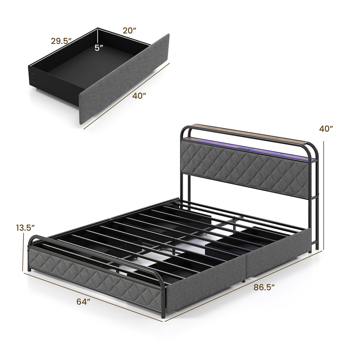 Queen Size Bed Frame With LED Lights, Charging Station, Black Trundle Bed Frame at Gallery Canada