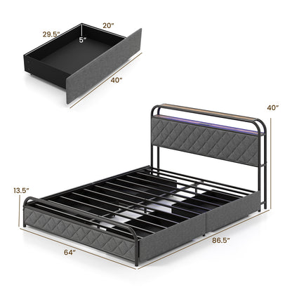 Queen Size Bed Frame With LED Lights, Charging Station, Black Trundle Bed Frame at Gallery Canada