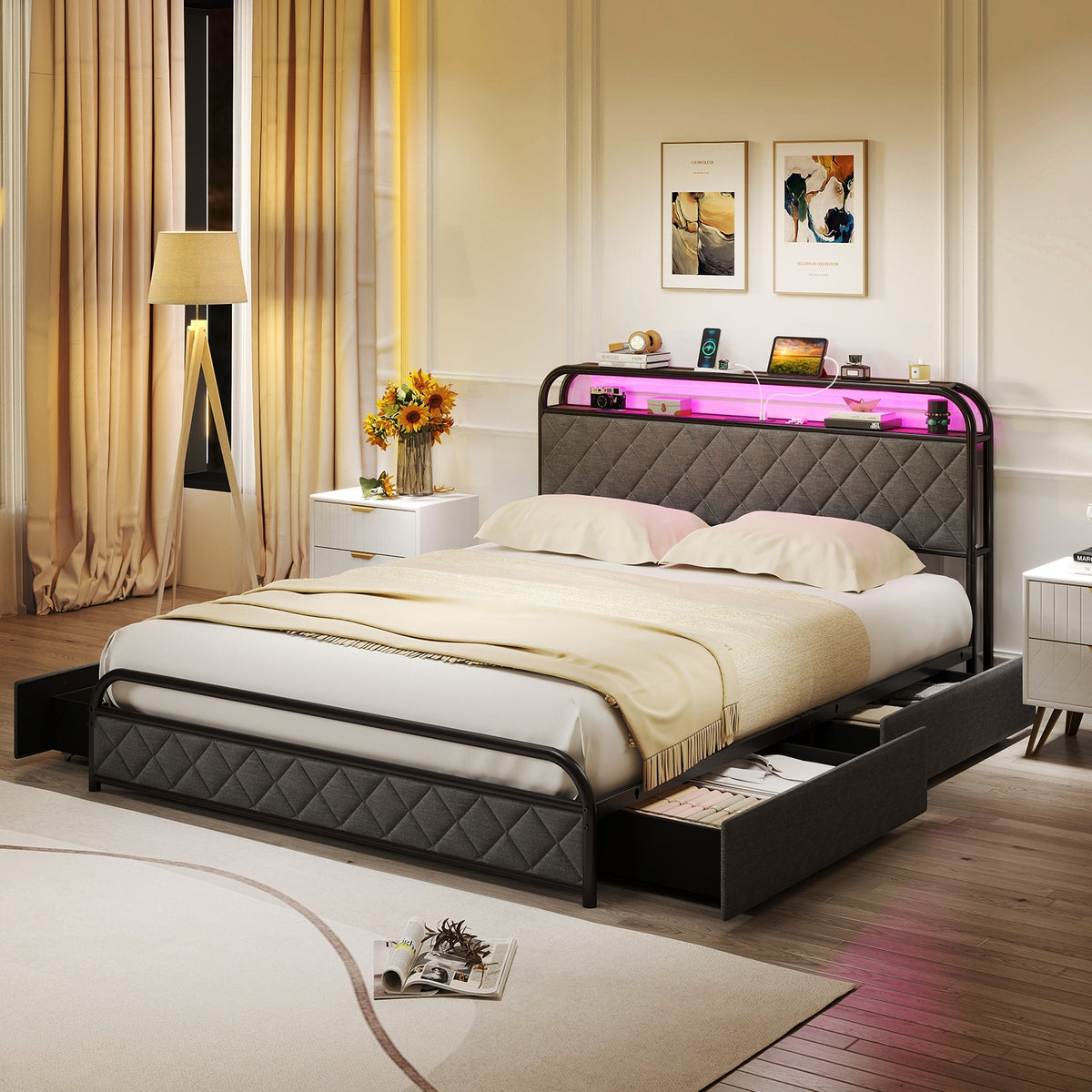 Queen Size Bed Frame With LED Lights, Charging Station, Black Trundle Bed Frame at Gallery Canada