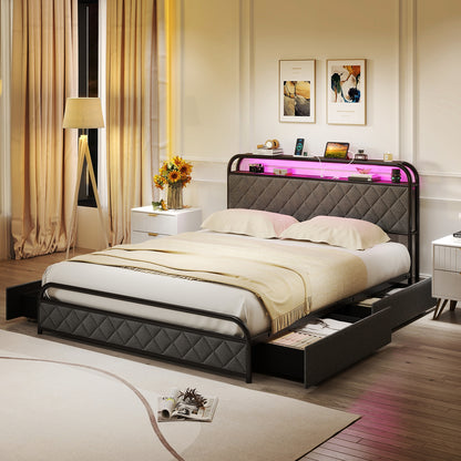 Queen Size Bed Frame With LED Lights, Charging Station, Black Trundle Bed Frame at Gallery Canada