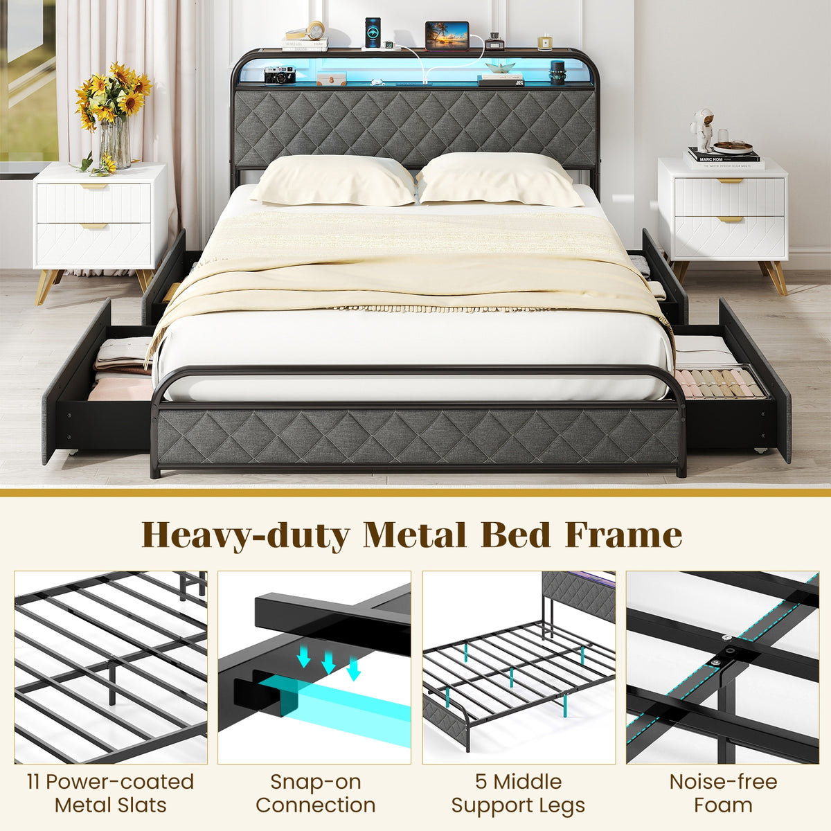 Queen Size Bed Frame With LED Lights, Charging Station, Black Trundle Bed Frame at Gallery Canada